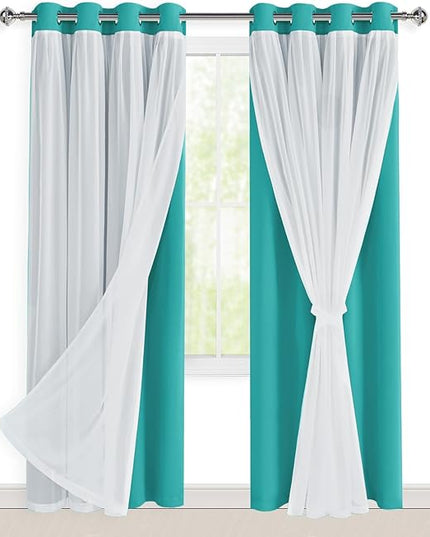 Hiasan Blackout Curtains with Sheer Overlay,Thermal Insulated Mix&Match Double Layer Room Darkening Curtains for Bedroom,Living Room,Nursery,2 Window Panels Sewn with Tiebacks,Peacock Teal,52W X 84L