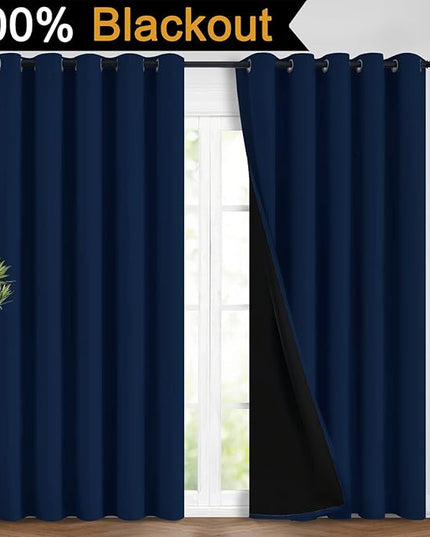 Yakamok Navy Blue 100% Blackout Curtains Energy Saving Thermal Insulated 2 Thick Layers Completely Blackout Drapes with Black Liner for Bedroom (62Wx96L, Navy Blue, 2 Panels)