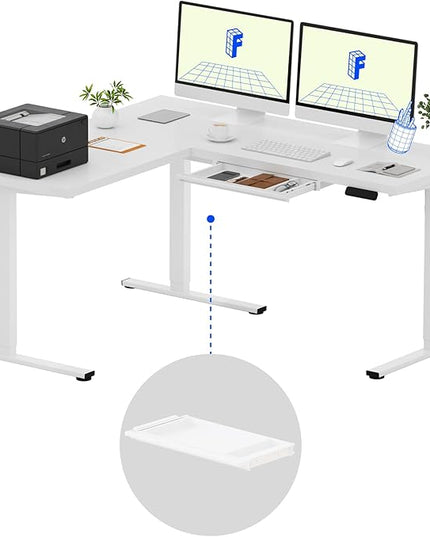 FLEXISPOT L Shaped Standing Desk, 63 x 55 Inch Electric Height Adjustable Corner Desk, Sit Stand Computer Workstation, Preset Controller, Home Office, White Frame with White Top, White Drawer