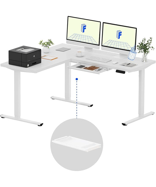 FLEXISPOT L Shaped Standing Desk, 63 x 55 Inch Electric Height Adjustable Corner Desk, Sit Stand Computer Workstation, Preset Controller, Home Office, White Frame with White Top, White Drawer