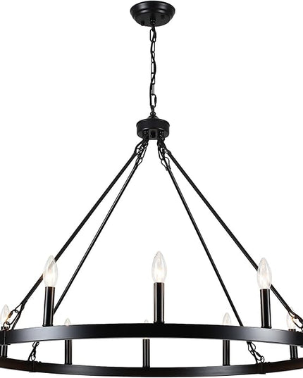 12-Light Black Wagon Wheel Chandelier for Dining Room Farmhouse Pendant Light Fixtures Outdoor for Rustic High Ceilings Round Chandeliers for Living Room Entryway Foyer Kitchen Island,38",E12