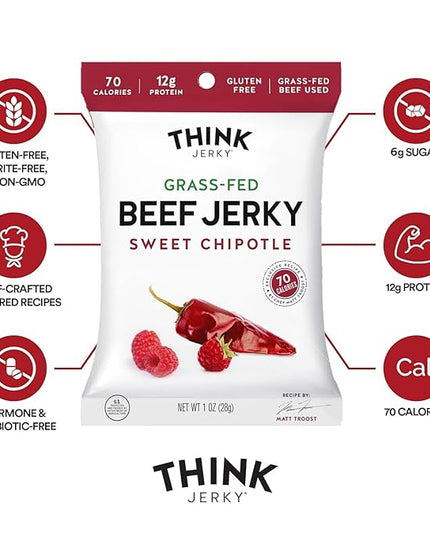 Think Jerky Sweet Chipotle Beef Jerky, Grass-Fed High Protein Beef, Gluten Free, No Antibiotics or Nitrates, Healthy Chef Crafted Recipe, Low Calorie and Low Fat - 1.0 oz Bags, 8 Pack