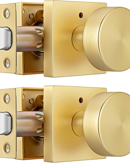Gold Door Knobs Interior, Heavy Duty Brushed Gold Interior Door Knob, Square Bathroom/Bedroom Door Knob with Lock, Zinc Alloy Indoor DoorKnob (2 Pack)
