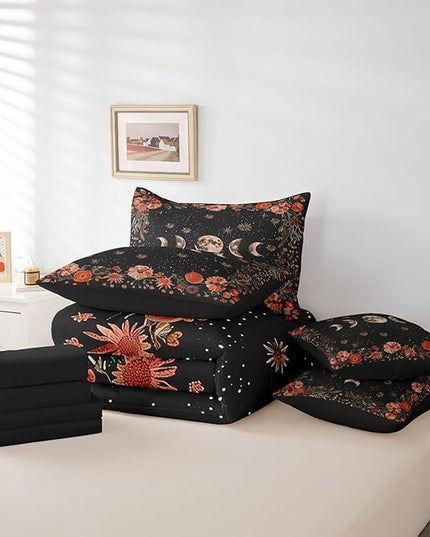 Feelyou Sun Moon Trippy 7 Piece Bedding Set Full Size Red Floral Comforter Set with Sheets for Kids Adult Boho Nature Bed in a Bag Starry Galaxy Bed Set