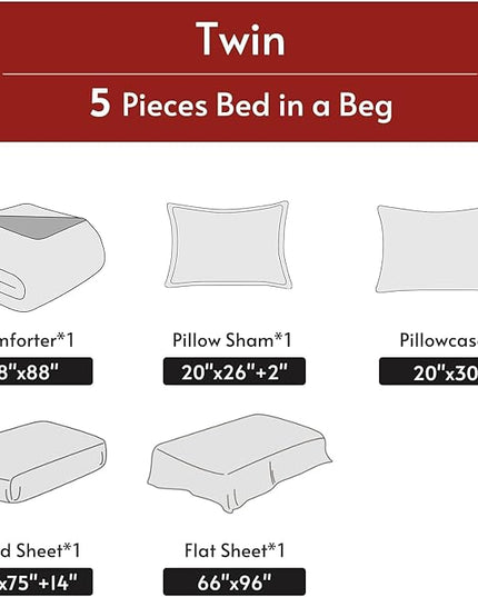 MUXHOMO 5 Pieces Twin Comforter Set, Reversible Bed in a Bag Twin Size, All Season Bedding Set with Comforter, Flat Sheet, Fitted Sheet, Pillowcases & Shams, Greyish Blue & Light Grey