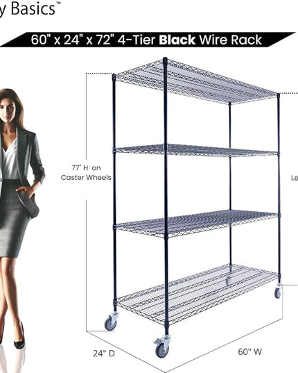 NSF Commercial 4-Tier Wire Shelving with Wheels, 60"x24"x72" Heavy Duty Metal Shelves 3200 lbs Max Capacity, Black Storage Rack for Garage Kitchen Pantry Warehouse