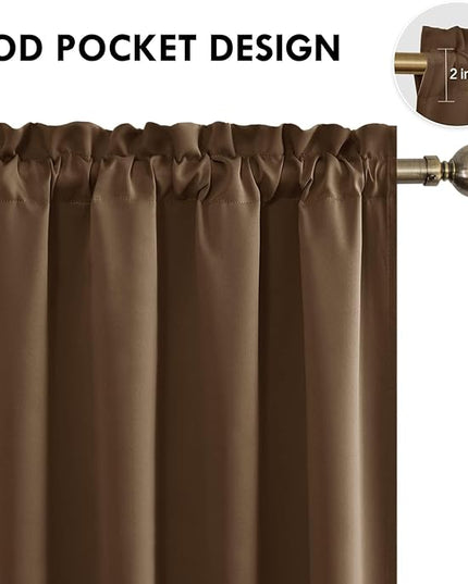 DWCN Blackout Curtains for Living Room Thermal Insulated, Energy Saving & Noise Reducing Bedroom Curtains, Brown, W 70x L 63 Inch, Set of 2 Rod Pocket Curtain Panels