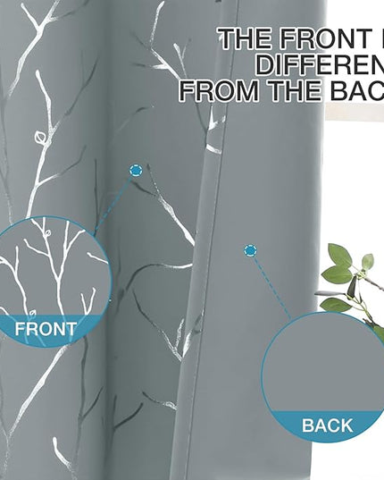 BUHUA Blackout Curtains - 84 Inch Long, Light Blocking Grey Curtains for Bedroom - Insulated Drapes with Tree Pattern