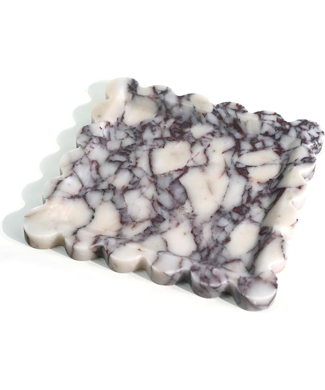 Natural 100% Marble Vanity Tray Luxury Scalloped Marble Storage Square Rectangle Tray for Home Decor Stone Tray for Bathroom Kitchen Candle Key (Square-9.8 * 9.8-Calacatta Viola)