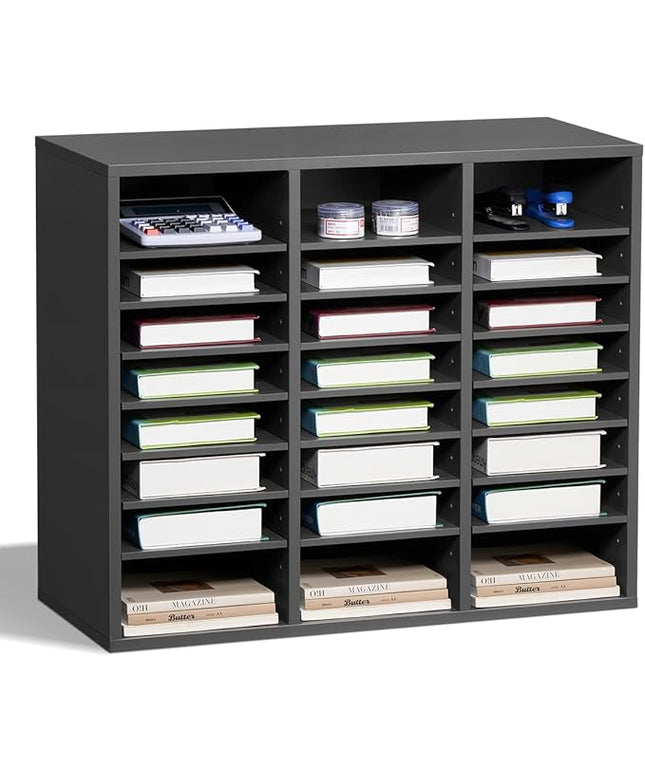VEVOR Literature Organizer, 24 Compartments Office Mailbox with Adjustable Shelves, Wooden Mailbox Sorter Medium Density Fiberboard Office Home Classroom Storage for Files, Documents, Papers, Grey