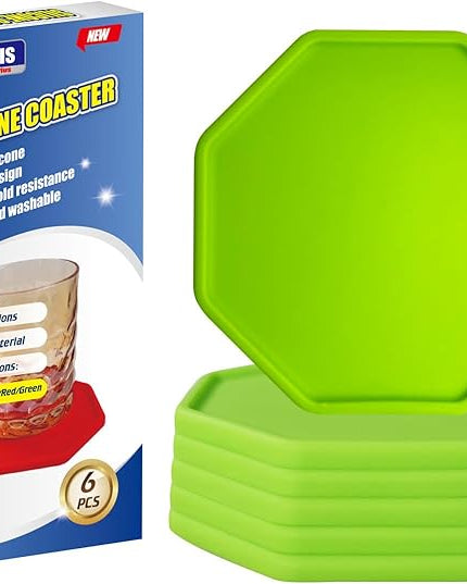 6 Pieces Silicone Coasters, Octagon Shape Hot Cup Mat for Drinks, Heat Resistant Glass Cushion, Coffee Coaster for Table, Desk, Kitchen, Office, Bar Protection (Green)
