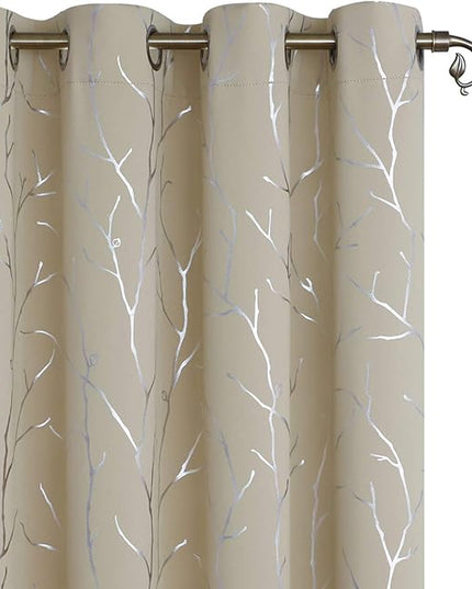 BUHUA Beige Blackout Curtains 63 Inch Lengt Long for Living Room, Room Darkening Curtains with Silver Branch Print, Grommet Thermal Insulated Window Treatment Drapes for Bedroom 2 Panels，66 x 63 Inch
