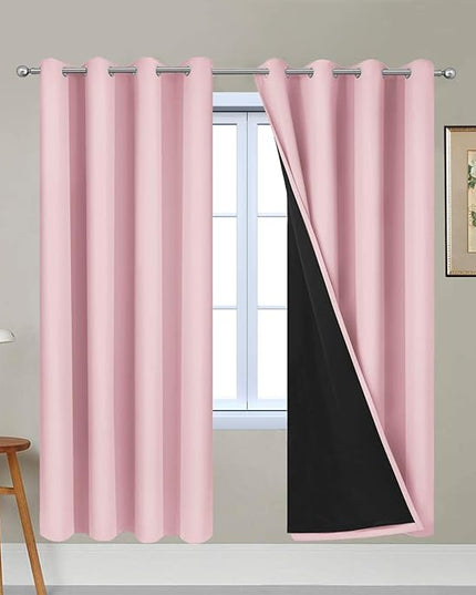 Yakamok 100% Blackout Lined Panels, Thermal Insulated Blackout Curtains for Bedroom, Heat Blocking Drapes for Living Room(52Wx72L, Pink, 2 Panels)
