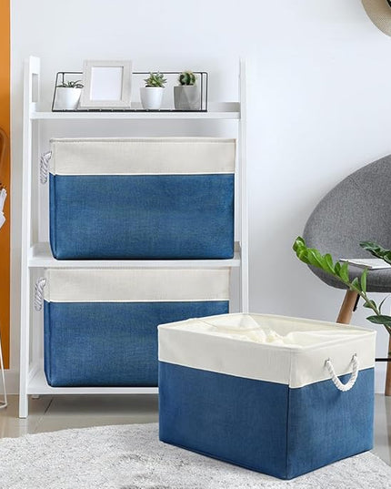TheWarmHome Organization and Storage Basket for Shelves - Jumbo 3 Pack 20x16x14 inch Collapsible Storage Bins for Organizing, Canves Storage Cubes for Gift Organizer Toys Closet (White & Jean Blue)