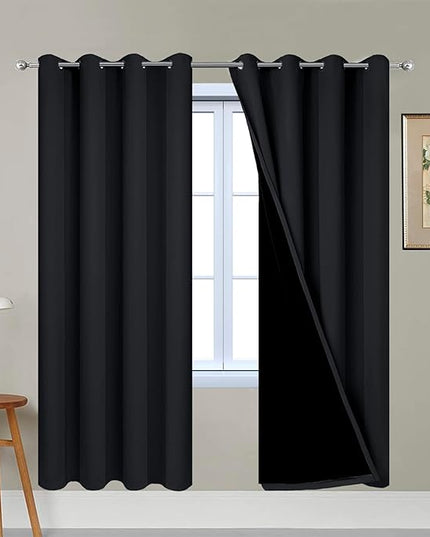 Yakamok 72 Inch Length 100% Blackout Curtains for Bedroom, 2 Thick Layers Thermal Insulated Grommet Total Blackout Drapes with Black Liner for Living Room (52Wx72L,Black, 2 Panels)
