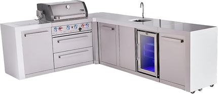 Mont Alpi MAi400-D90BEVDR 4-Burner Premium Deluxe L-shaped Modular Stainless Steel Outdoor Kitchen Island BBQ Gas Grill + Beverage Center with Fridge + Granite Countertops + Cover + Rotisserie Kit