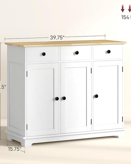 HOMCOM Sideboard with Solid Wood Countertop, Modern Kitchen Storage Cabinet, Coffee Bar Cabinet with 3 Drawers, Doors and Adjustable Shelf, Distressed White