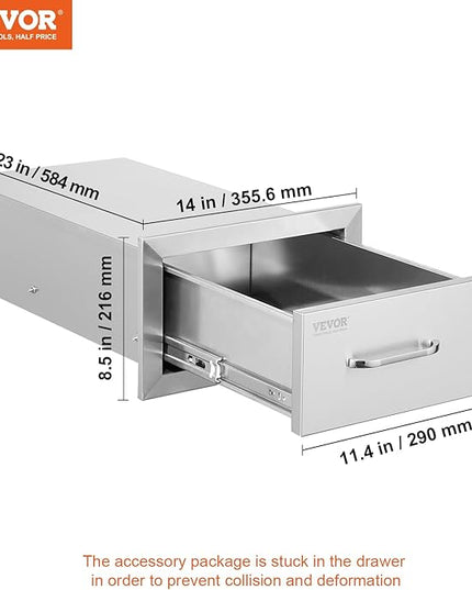 VEVOR 14x8.5 Inch Outdoor Kitchen Drawers Stainless Steel, Flush Mount Double Drawers,14W x 8.5H x 23D Inch, with Stainless Steel Handle, BBQ for Outdoor Kitchens or BBQ Island