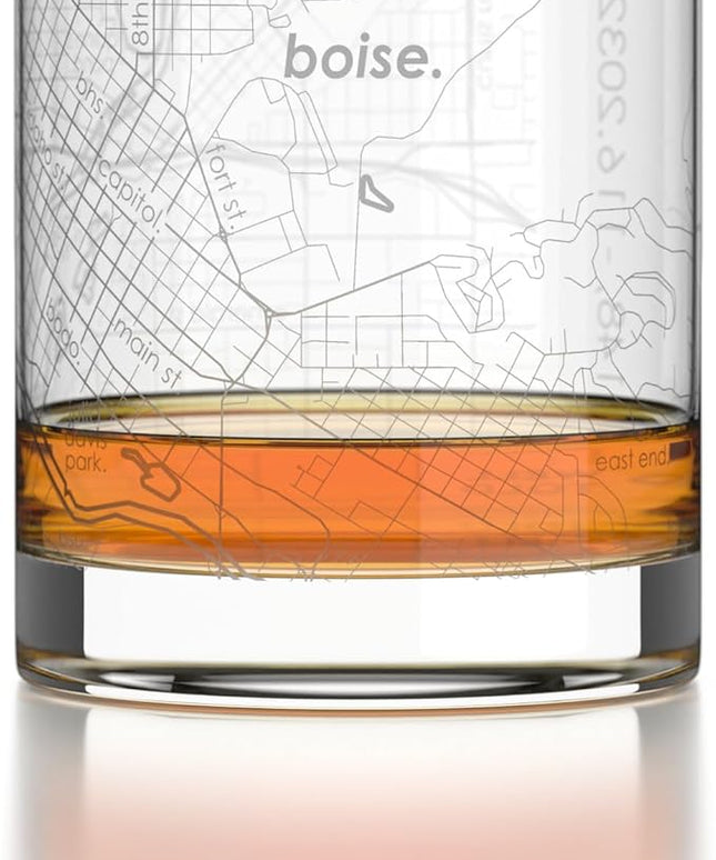 Well Told Engraved Boise Idaho Map Rocks Glass, Old Fashioned Glassware (11 oz, Clear) Etched Bourbon Tumbler, Gifts For Whiskey Lovers