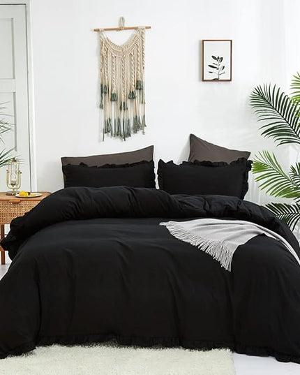 CLOTHKNOW Black Ruffles Comforter Set King Size Farmhouse Bedding Comforter Sets Shabby Chic Comforter Boho Comforter with 2 x Pillowcases