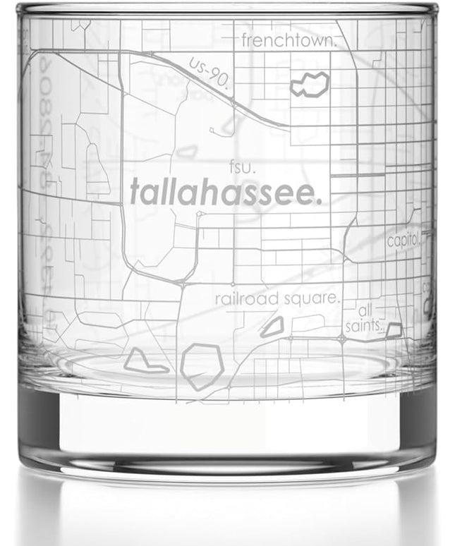 Well Told Engraved Tallahassee Florida Map Rocks Glass, Old Fashioned Glassware (11 oz, Clear) Etched Bourbon Tumbler, Gifts For Whiskey Lovers
