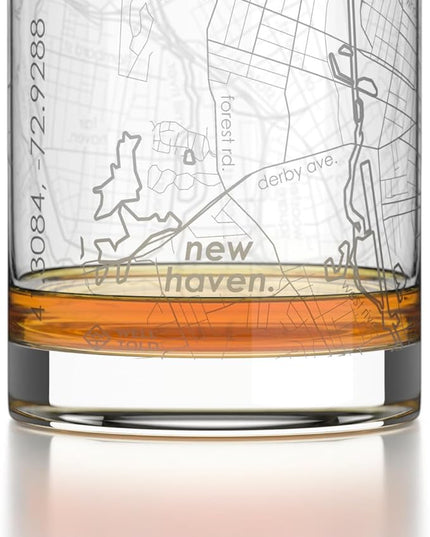 Well Told Engraved New Haven Connecticut Map Rocks Glass, Old Fashioned Glassware (11 oz, Clear) Etched Bourbon Tumbler, Gifts For Whiskey Lovers