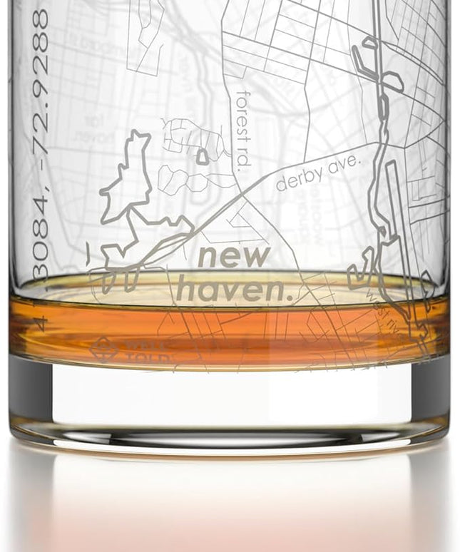 Well Told Engraved New Haven Connecticut Map Rocks Glass, Old Fashioned Glassware (11 oz, Clear) Etched Bourbon Tumbler, Gifts For Whiskey Lovers