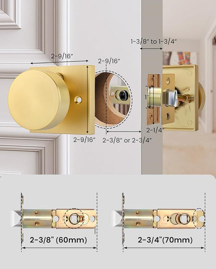Gold Door Knobs Interior, Heavy Duty Brushed Gold Interior Door Knob, Square Bathroom/Bedroom Door Knob with Lock, Zinc Alloy Indoor DoorKnob (2 Pack)