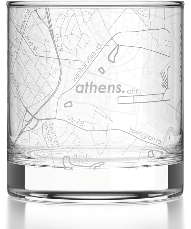 Well Told Engraved Athens Georgia Map Rocks Glass, Old Fashioned Glassware (11 oz, Clear) Etched Bourbon Tumbler, Gifts For Whiskey Lovers