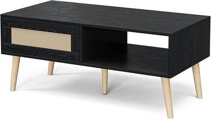 Wood Coffee Table with Storage, Boho Dining Table with Sliding Rattan Door Panel and Solid Wood Legs, Small Coffee Tables for Living Room, Black