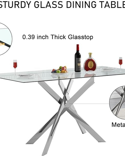 51" Glass Dining Table Set for 4, Modern Dining Room Table Set for 4, Silver X-Shape Pedestal Glass Table with 4pcs Blue Dining Chairs, 5 Piece Dining Set for Dining Living Room