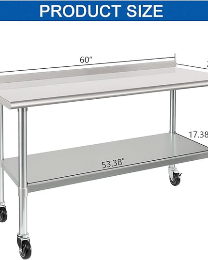 HARDURA Stainless Steel Table 24 x 60 Inches with Wheels Casters NSF Heavy Duty Commercial Prep Table with 2” Backsplash and Adjustable Undershelf for Restaurant Kitchen Home and Hotel