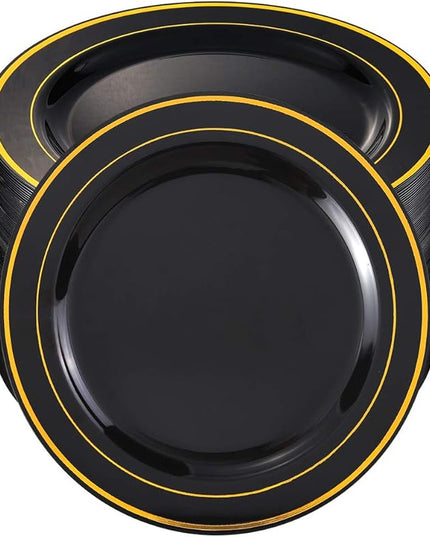 bUCLA 100 Pieces Black and Gold Plastic Dinner Plates - 10.25 inch Black Disposable Plates with Gold Rim - Ideal for Party, Graduation & New Year