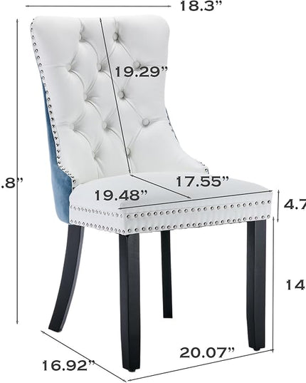 SoarFlash Leather Dining Chairs Set of 4, Tall Back Side Chair, Modern Upholstered Side Chair with Button Back Ring, Solid Wood Legs (White&Blue)