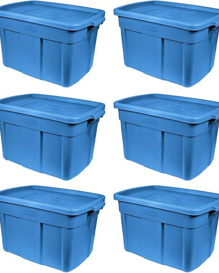 Rubbermaid Roughneck Tote 18 Gal, 6 Pack, Made in USA, Heritage Blue, Rugged Plastic Stackable Storage Bins with Lids and Handles