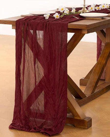 Socomi 10pcs Burgundy Red Christmas Cheesecloth Table Runner Boho Rustic Gauze 120 inch 10FT Cheese Cloth Runner for Wedding Party Baby Shower Birthday Home Decor Holiday Decorations