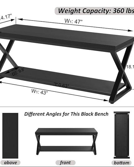 IBF Black Bench, Modern Entryway Bench for Bedroom, Wood Metal Storage Hallway Bench for Dining Living Room, Farmhouse Shoe Rack Indoor Accent Seating Bench for Foyer Entrance, Black Oak, 47 Inch Long