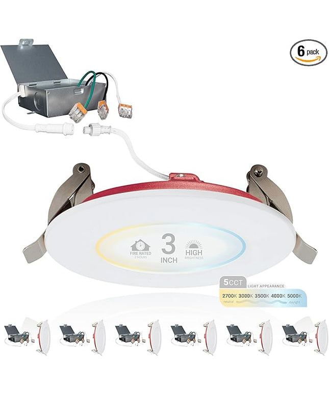 NUWATT Fire Rated 3 inch LED Recessed Lighting, Dimmable 3" LED Wafer Lights, 5CCT 2700K/3000K/3500K/4000K/5000K, CRI90 Wet & IC Rated Canless Recessed Lighting, 8W, 550LM, No Cone Needed, ETL, 6 Pack