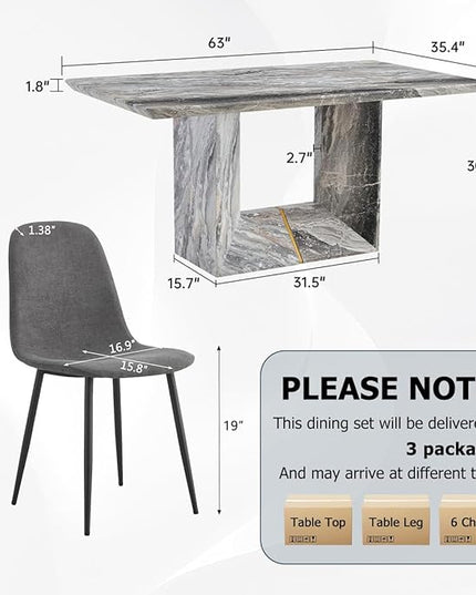 Dinner Table Set for 4, 5 Piece Dining Table Set with Chairs, 63" Faux Marble Modern Table with 4 Linen Fabric Chairs, for Kitchen & Dining Room