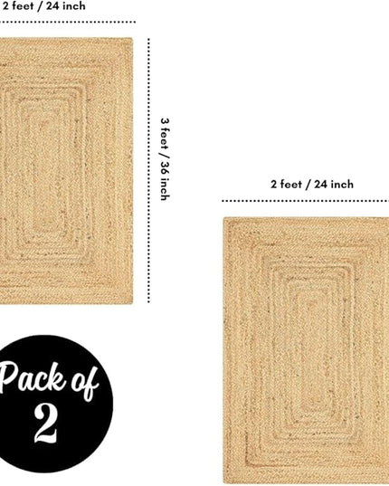 FRELISH DECOR Handwoven Jute Area Rug - 2x3 feet - Natural Yarn - Rustic Vintage Beige Braided Reversible Rug - Eco Friendly Rugs for Bedroom - Kitchen - Living Room - Farmhouse (2'x3') Pack of 2