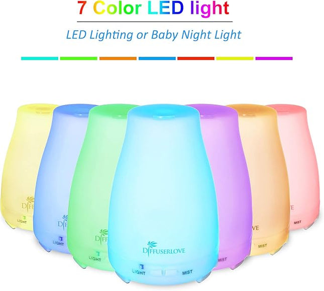 Diffuserlove 2 Pack 200ml Essential Oil Diffuser Ultrasonic Aromatherapy Diffuser Cool Mist Humidifiers with 7 Color LED Lights & Waterless Auto Shut-Off for Home Office Kitchen Bedroom