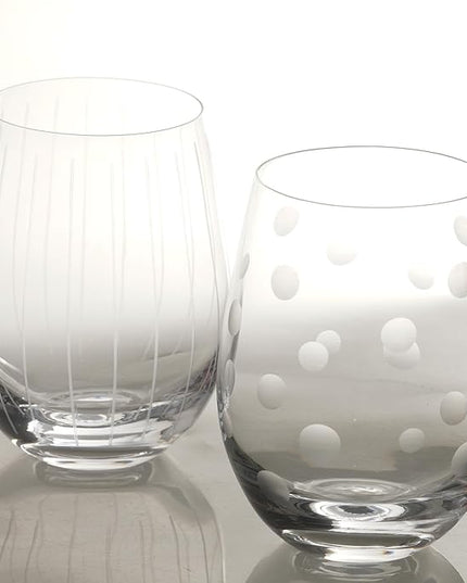 Etched Stemless Wine Glasses for Red or White Wine (Set of 2), 18-Ounces, Large Wine Glasses for Cabernet, Pinot Noir, Burgundy, Bordeaux (Lines+Dots)