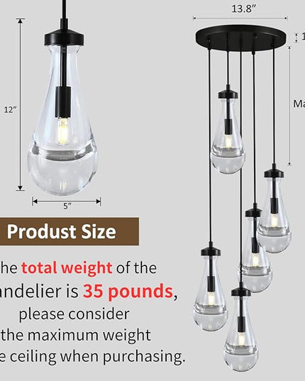 Bronze 5 Light Raindrop Chandeliers, Black Cluster Pendant Light Teardrop Dining Room Light Fixture Pendant Lights Kitchen Island, Hanging Ceiling Pendant Lighting for Entryway Living Room