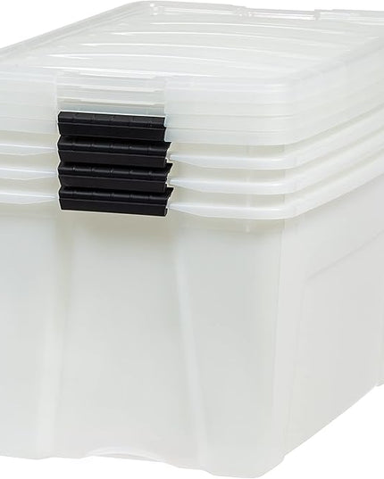 IRIS USA 72 QT Plastic Storage Box with Lid and Latches - 4 Pack - BPA-Free, Discreet Organizing Solution, Durable Nestable Stackable Containers, Secure Pull Handle - Pearl