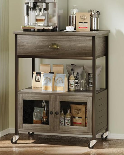 Catrimown Coffee Cart Station, Coffee Stand Station, Small Microwave Stand with Drawer, Movable Farmhouse Coffee Station Table on Wheels for Living Room, Entryway, Dining Room, Kitchen, Wash Grey