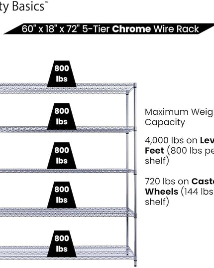NSF Commercial 5-Tier Wire Shelving with Wheels, 60"x18"x72" Heavy Duty Metal Shelves 4000 lbs Max Capacity, Chrome Storage Rack for Garage Kitchen Pantry Warehouse