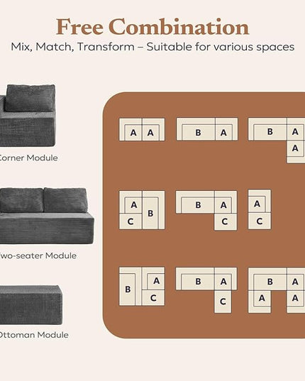 106" Modular Sectional Sofa with L-Shape Chaise, Right/Left Facing Deep Seat Cloud Couch, No Assembly Required, Upholstered Couch for Living Room Bedroom (Plush Corduroy Fabric, Grey)