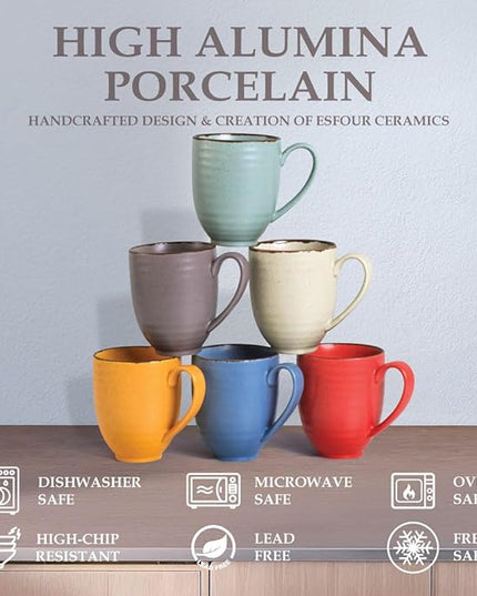 Coffee Mugs Set Of 6, 14 Oz Large Handle Heavy Duty Cups - Microwave Dishwasher Safe - Latte, Cappuccino, Tea, Cocoa, Mocha - Men, Women, Home Office Daily Use, Matt Assorted Colors