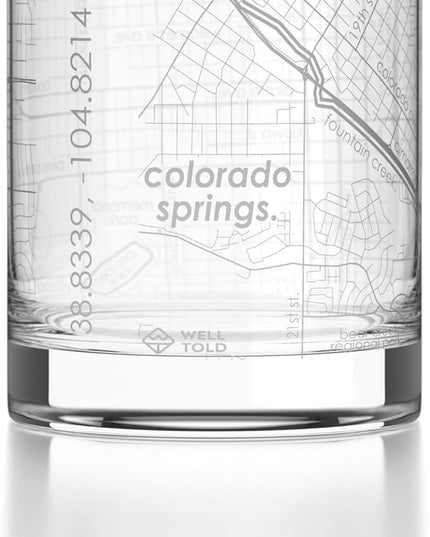 Well Told Engraved Colorado Springs Colorado Map Rocks Glass, Old Fashioned Glassware (11 oz, Clear) Etched Bourbon Tumbler, Gifts For Whiskey Lovers