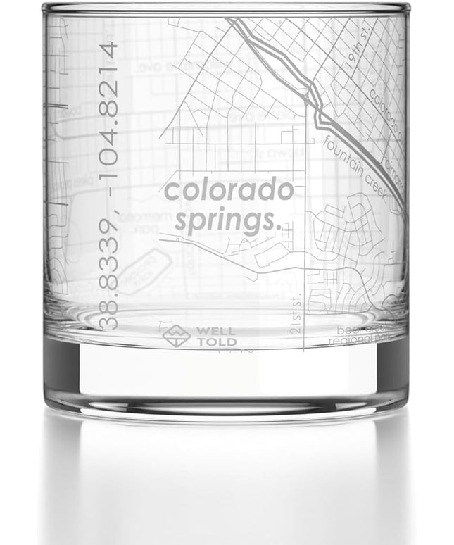 Well Told Engraved Colorado Springs Colorado Map Rocks Glass, Old Fashioned Glassware (11 oz, Clear) Etched Bourbon Tumbler, Gifts For Whiskey Lovers